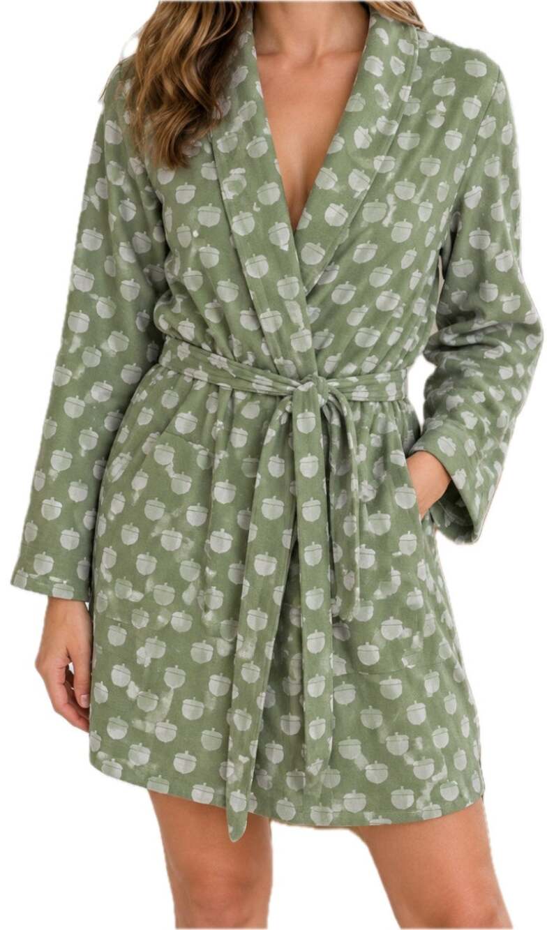 Garnet Hill Flannel Bathrobe 100% Cotton Tie Waist Pockets Chestnut Green M